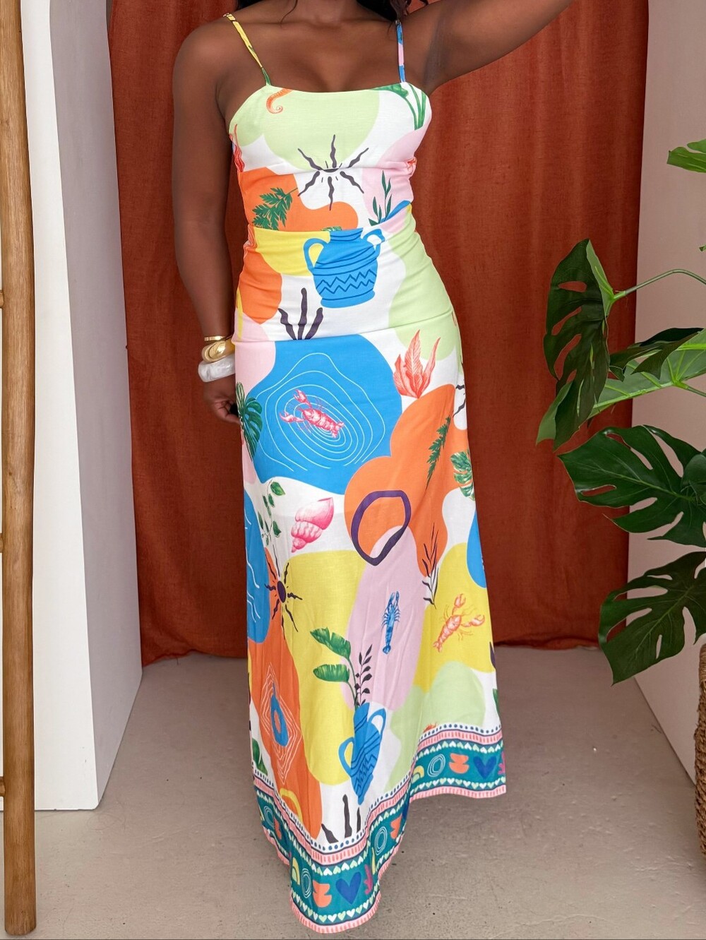 Spaghetti-Strap Maxi Dress in Multi Color